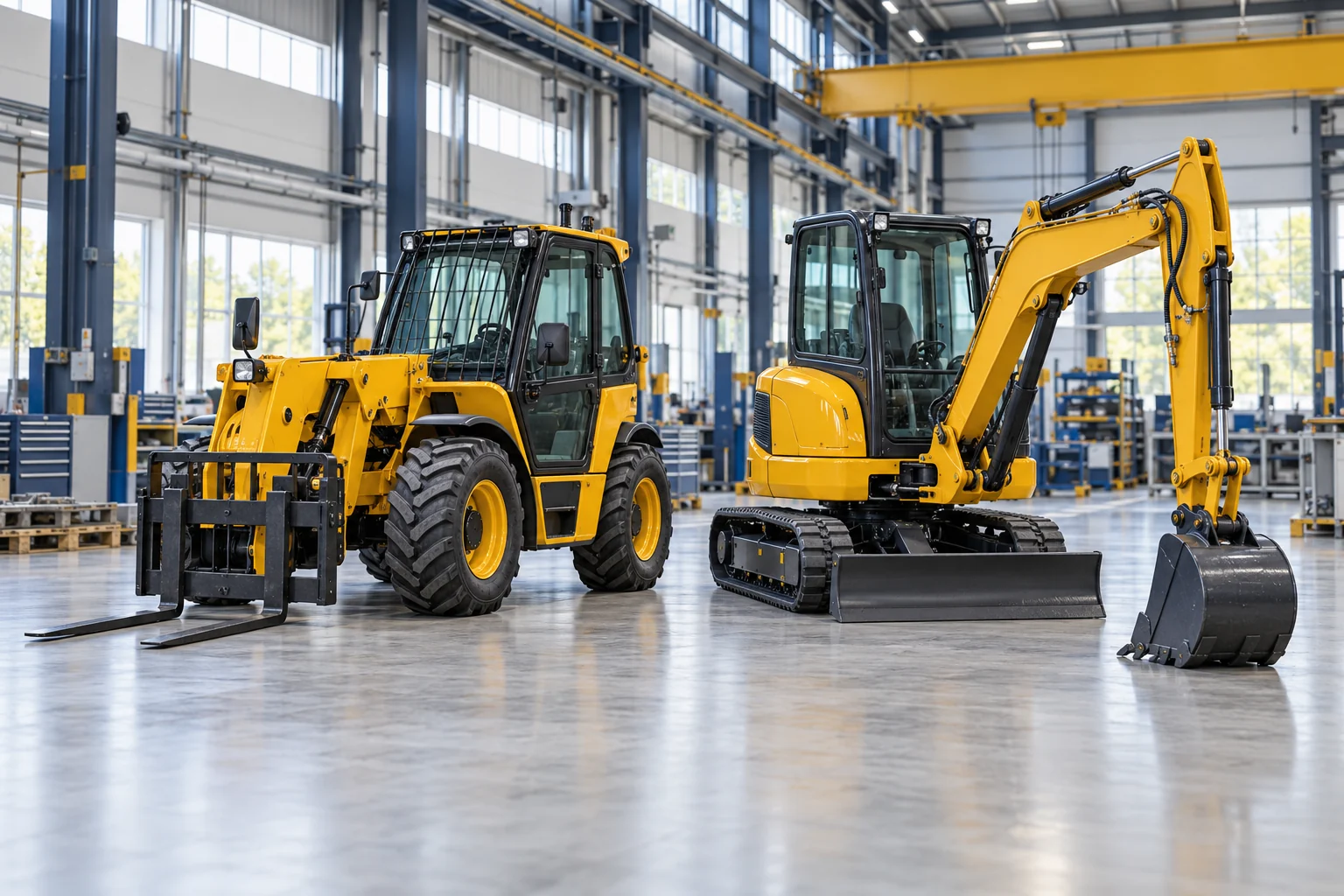 AI-generated conceptual factory scene with an unbranded yellow telehandler and excavator, not actual JCB premises or equipment