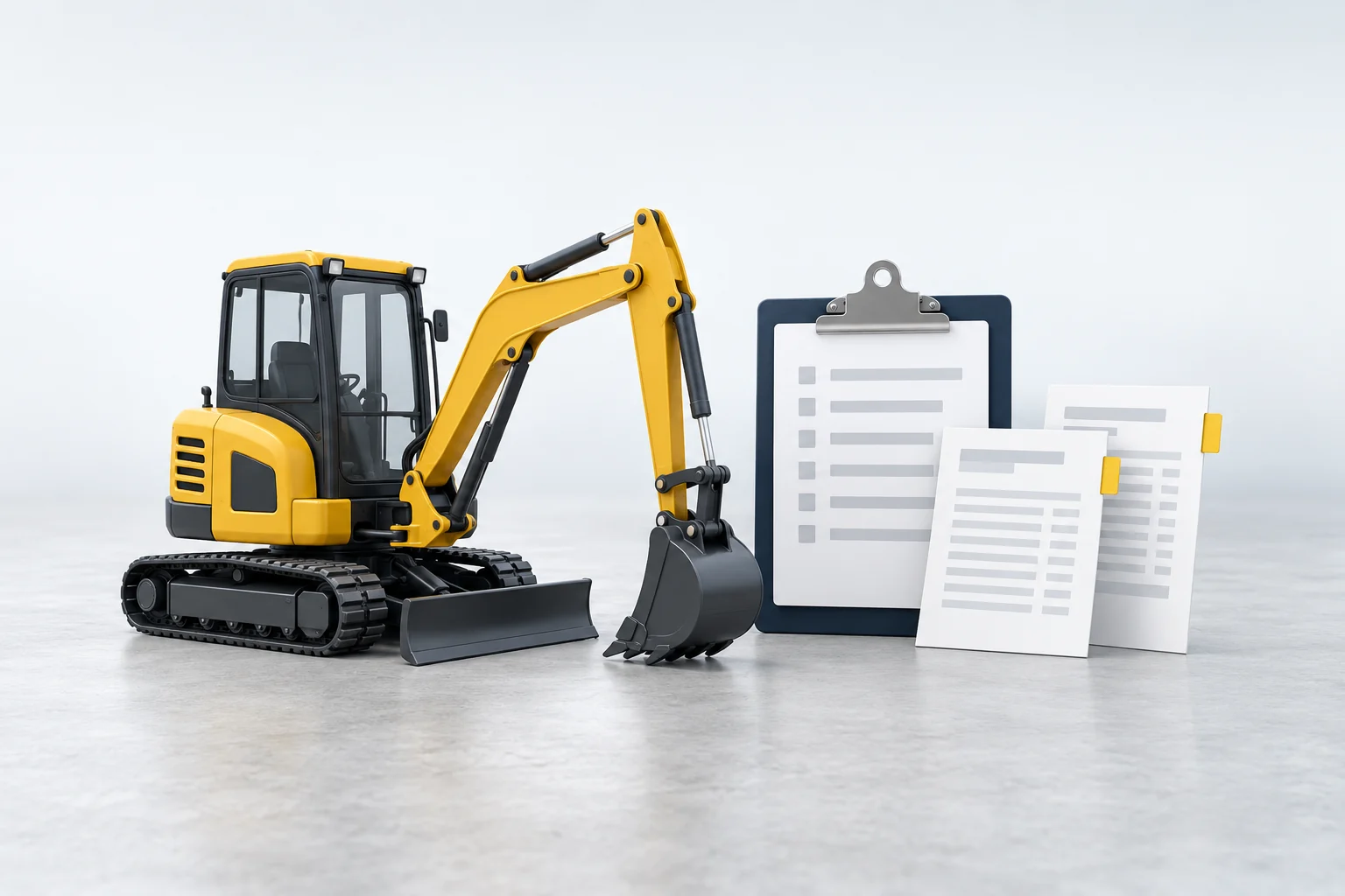 Conceptual illustration of purchase order paperwork and plant hire equipment on a hire desk