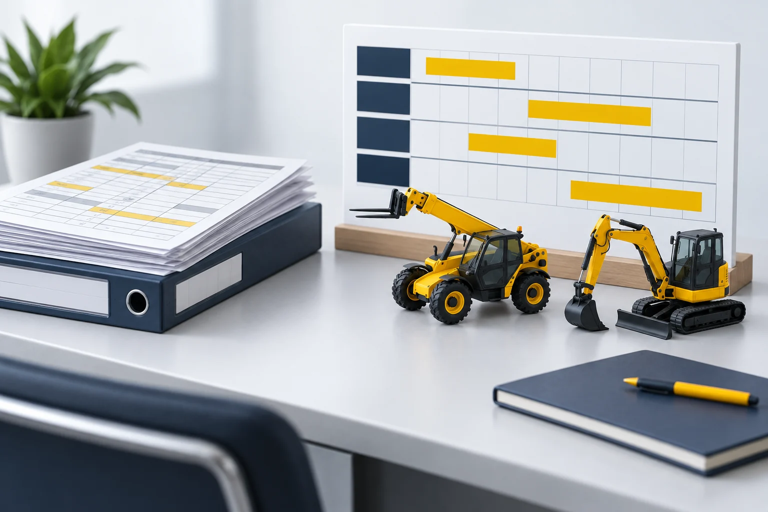 Illustration of paper booking grids, a planning board, a telehandler and an excavator on a hire-desk workspace