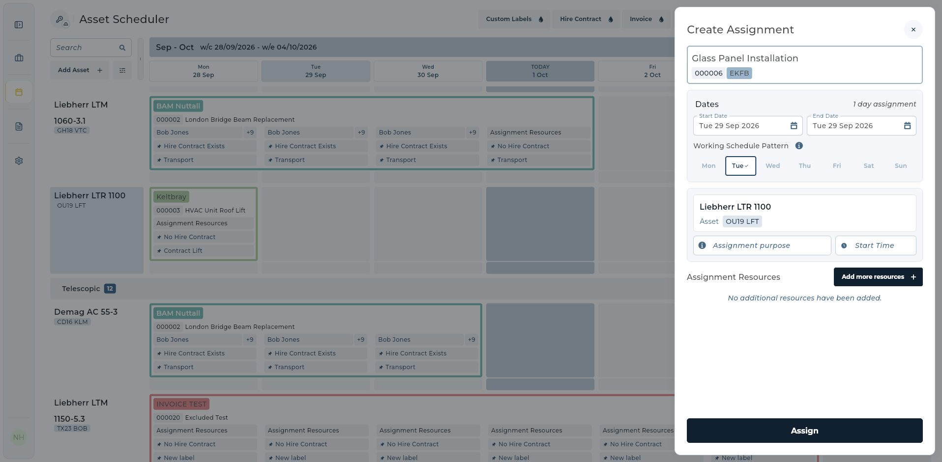 UpRate weekly asset schedule with the Create Assignment drawer showing a selected contract, date and crane