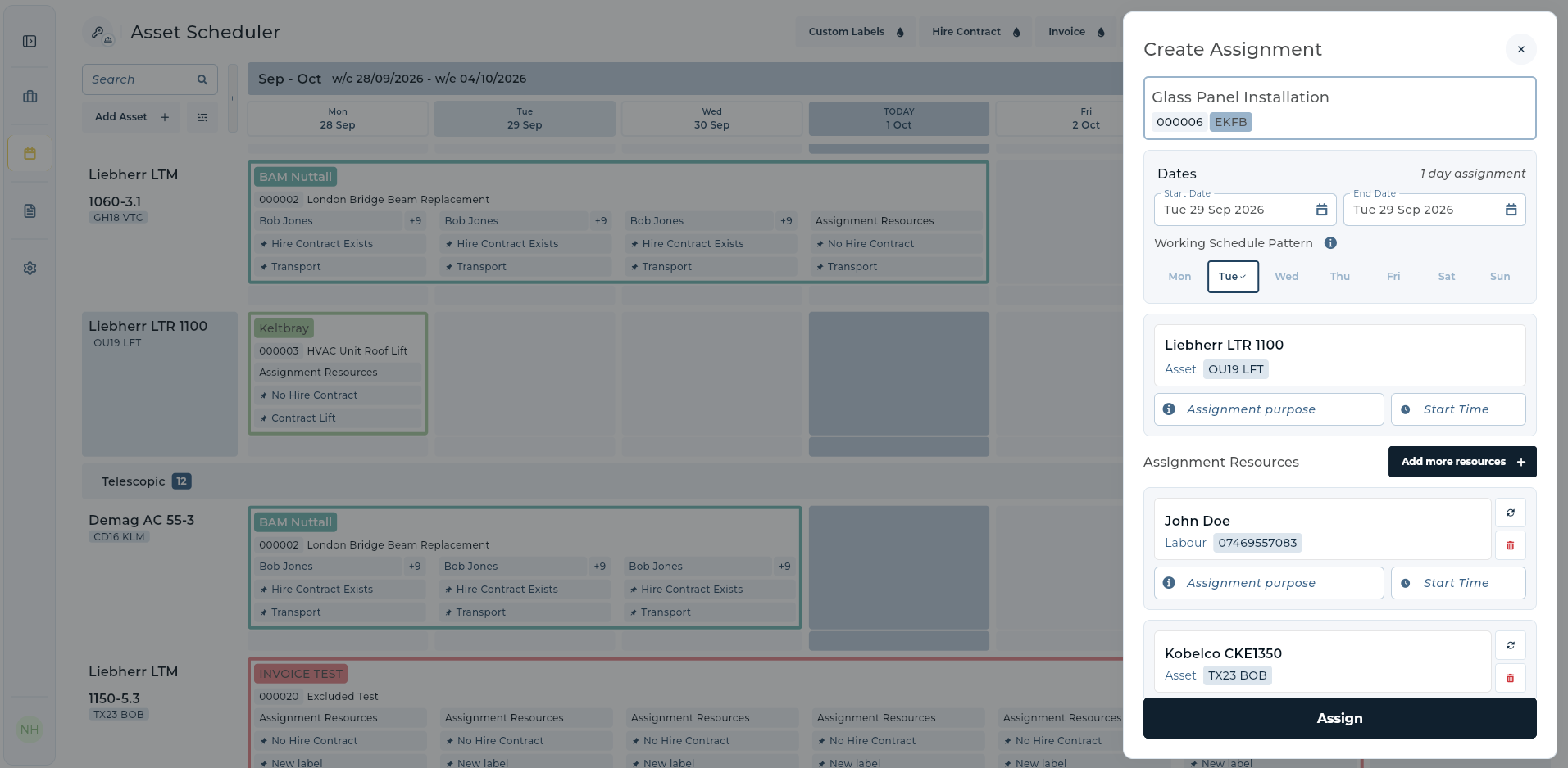 UpRate Create Assignment drawer showing a crane, labour and an additional asset alongside the weekly schedule