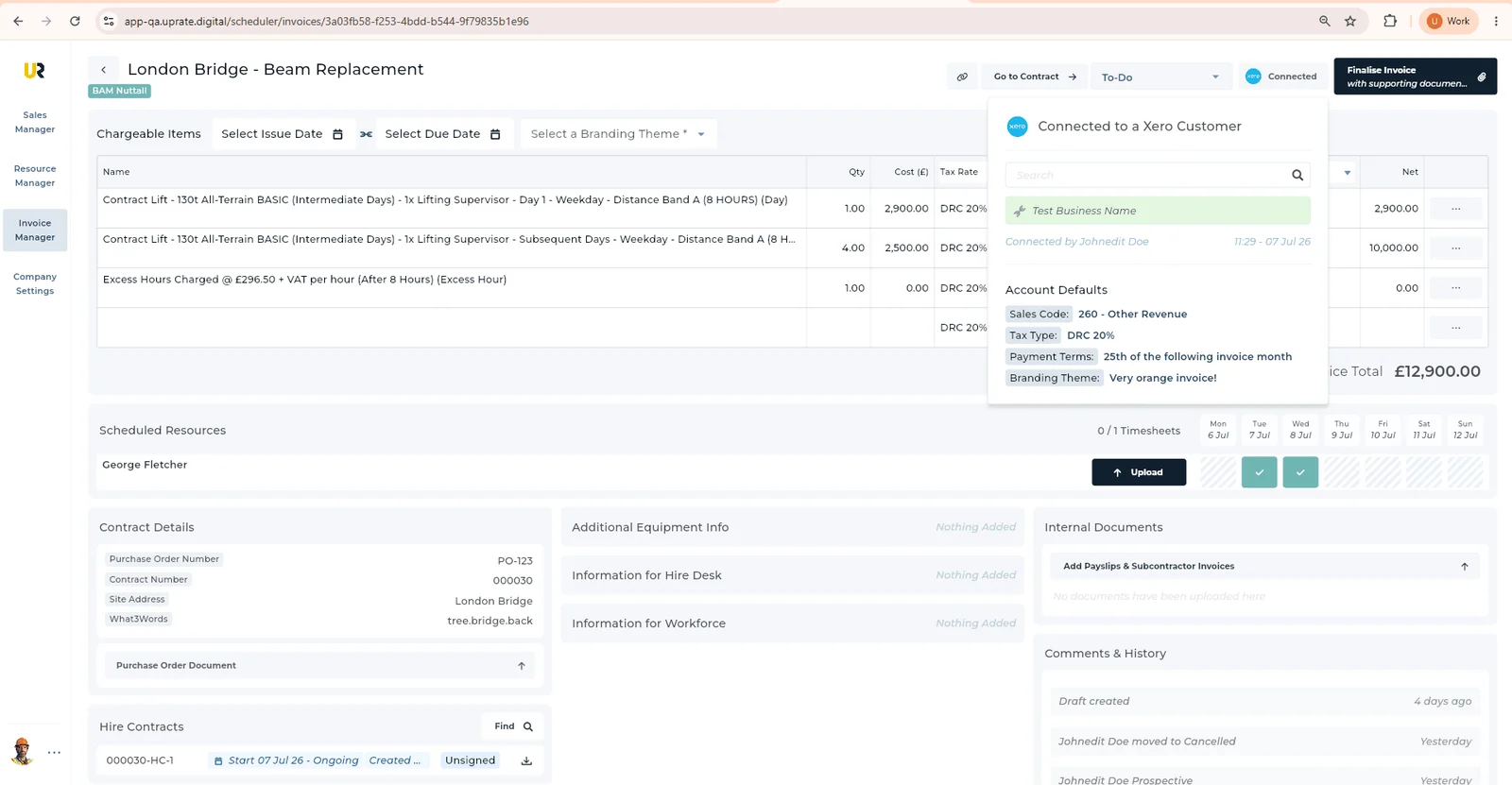 UpRate invoice page showing chargeable items, scheduled-resource timesheets, contract details and the Xero customer connection