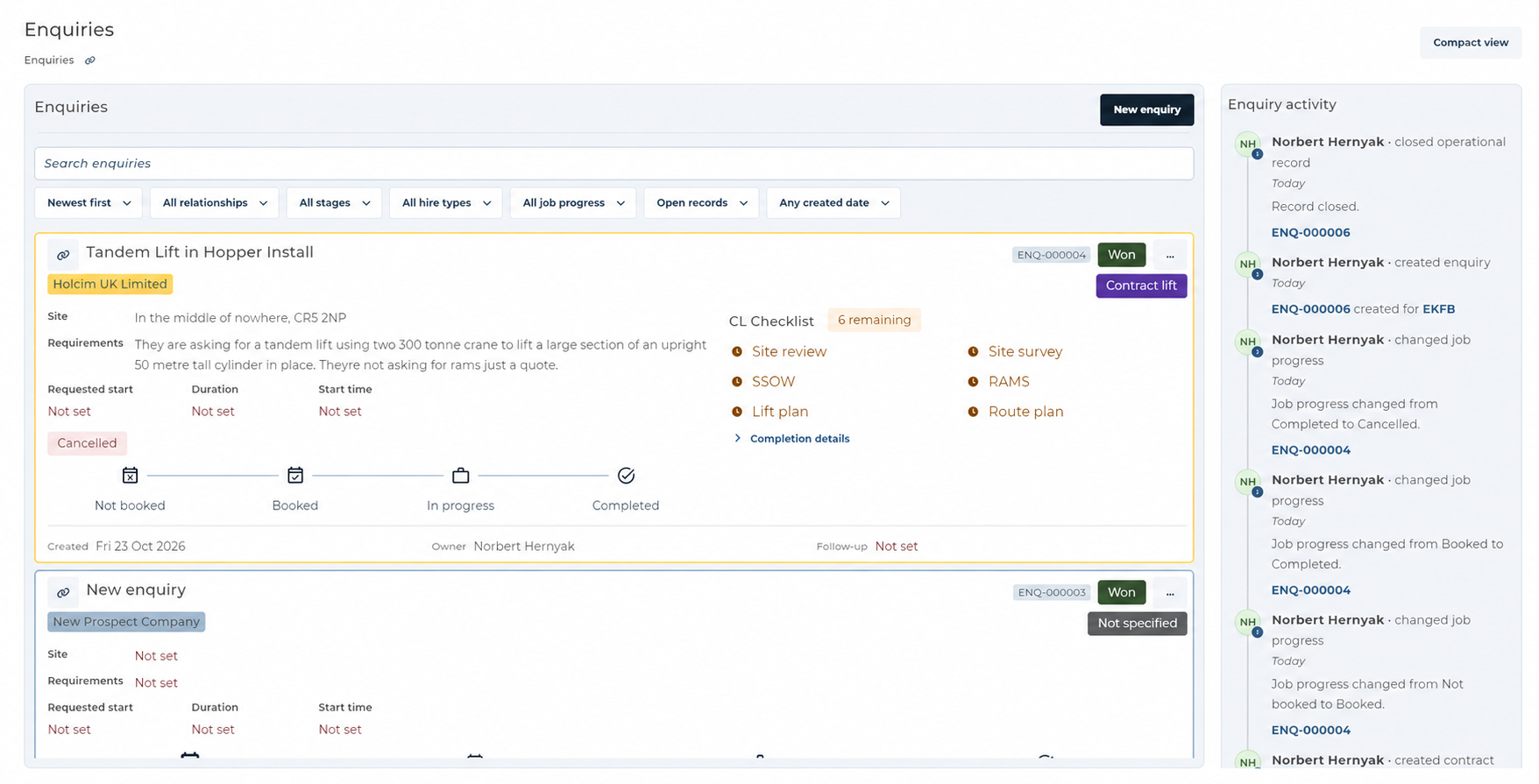 Enquiries in detailed view, showing search, filters, job progress, Contract lift preparation and enquiry activity.
