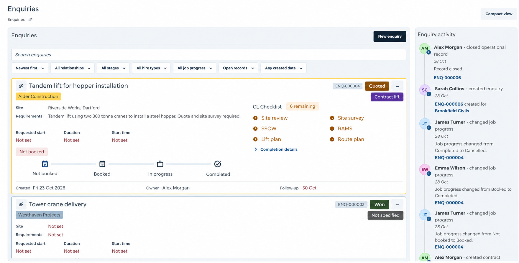 Illustrative UpRate enquiries workspace showing sales pipeline stages and follow-ups with fictional names
