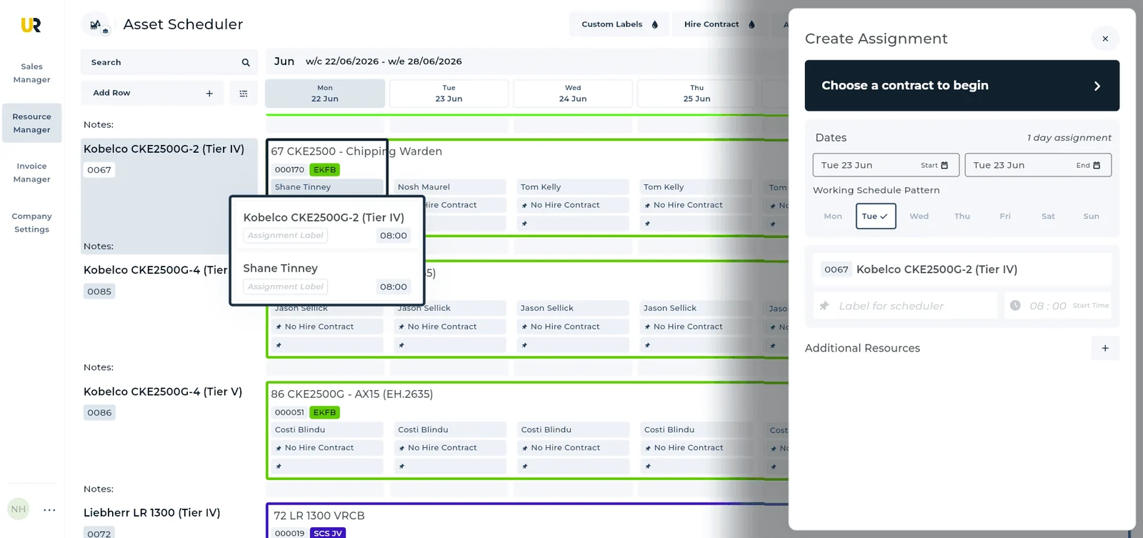 UpRate asset scheduler with the create-assignment panel open