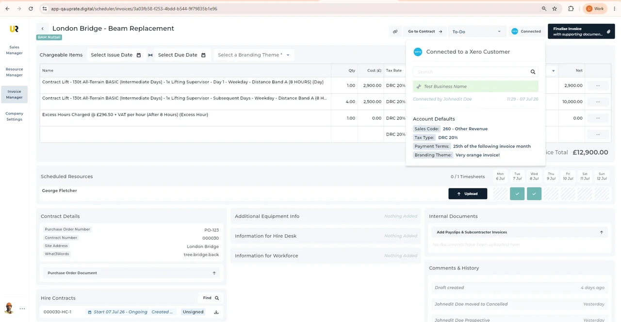 UpRate invoice preparation with chargeable items and the connected Xero customer panel