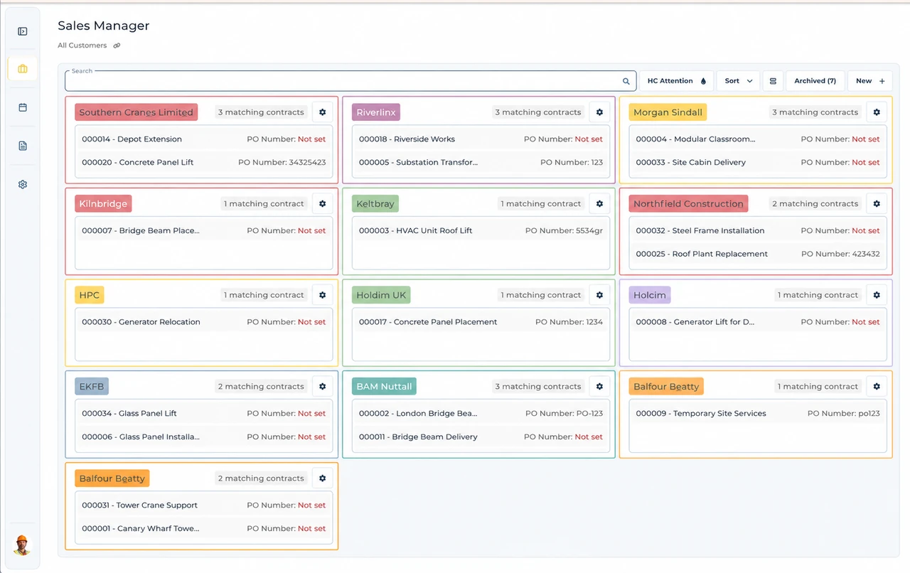 UpRate Sales Manager customer records with hire contracts grouped under each customer